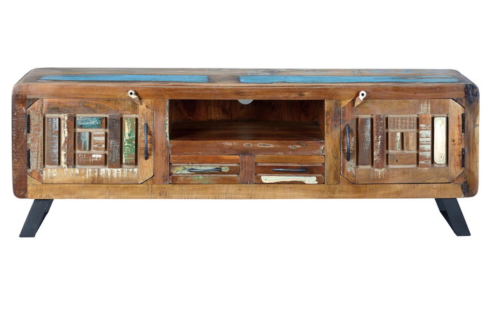 GINER Y COLOMER Mueble de TV en madera maciza reciclada con 2 puertas y 2 cajones